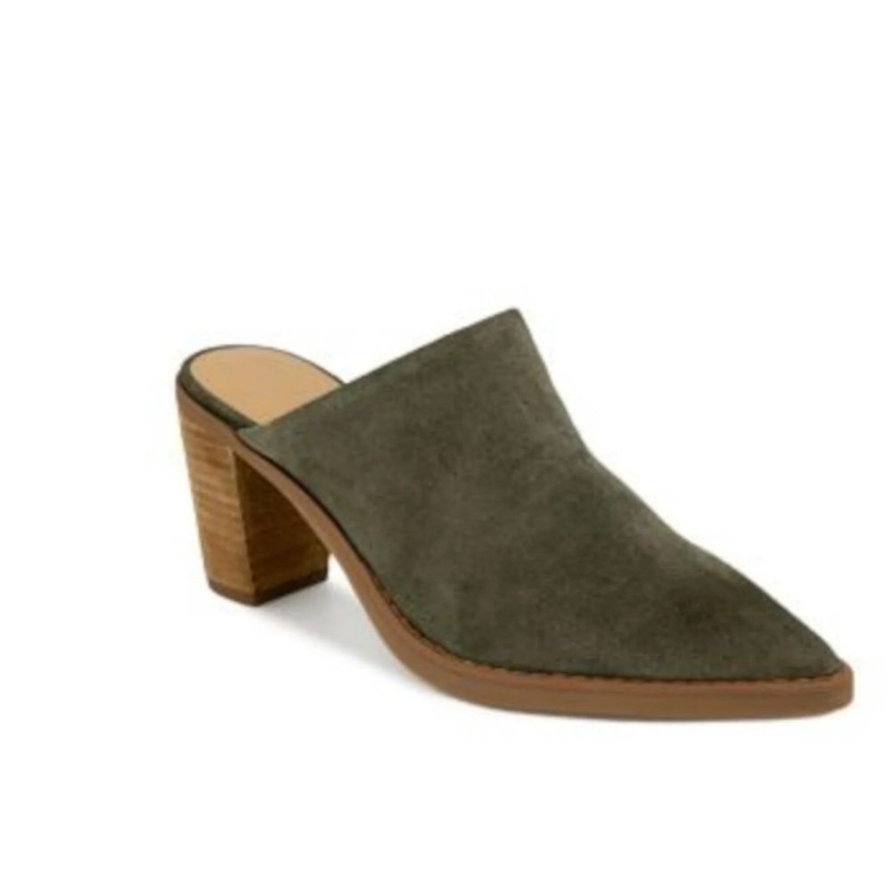 Splendid Green Pointed Toe Block Heel Suede Slide On Leather Mules